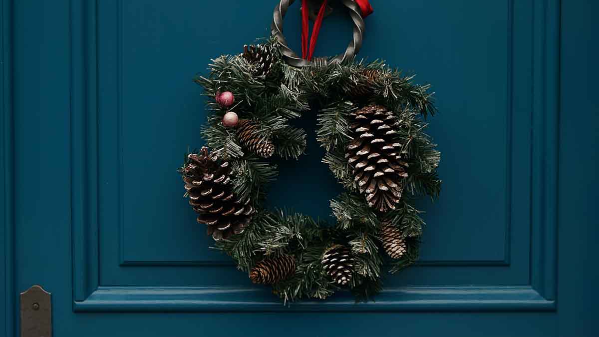 Christmas wreath hanging on a door